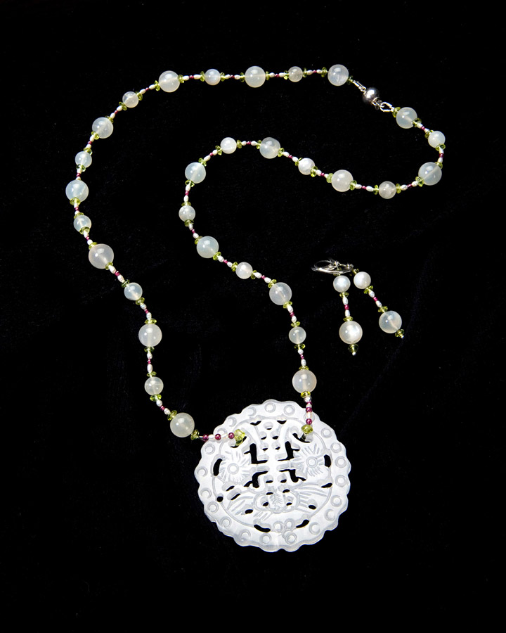Imperial Jade Disk with Moonstone, Peridot, Garnet and Seed Pearls
