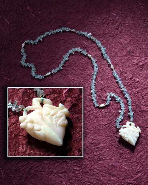 Antique Carved Opal 3D Heart with Aquamarine